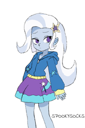 Size: 512x768 | Tagged: safe, artist:spookysocks, derpibooru exclusive, trixie, human, equestria girls, g4, clothes, hairpin, hoodie, simple background, skirt, solo, white background