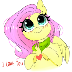 Size: 1080x1080 | Tagged: safe, artist:twiliset, fluttershy, pegasus, pony, g4, big eyes, blushing, clothes, cute, female, fluffy, happy, heart, i love you, looking up, love, mare, scarf, shyabetes, simple background, smiling, solo, white background, wings