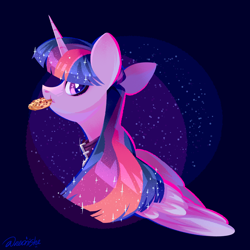 Size: 3000x3000 | Tagged: safe, artist:neonishe, twilight sparkle, alicorn, pony, g4, collar, cookie, cute, food, high res, horn, mouth hold, solo, sparkles, twilight sparkle (alicorn), wings