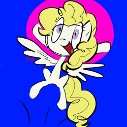 Size: 3000x3000 | Tagged: safe, artist:kruvvv, surprise, pegasus, pony, g1, g4, adoraprise, blue background, cute, female, g1 to g4, generation leap, happy, high res, jumping, mare, pegasus wings, pink circle, purple eyes, silly, silly pony, simple background, spread wings, standing, white coat, wings, yellow mane