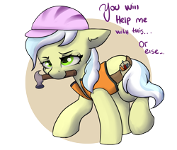 Size: 2600x2200 | Tagged: safe, artist:dumbwoofer, ambrosia, cindy block, earth pony, pony, g4, clothes, ear fluff, female, hammer, hard hat, hat, high res, mare, mouth hold, or else, simple background, solo, text, toolbelt, transparent background