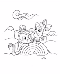 Size: 2480x3100 | Tagged: safe, apple bloom, babs seed, earth pony, pony, g4, official, black and white, clothes, cloud, coloring page, duo, duo female, female, filly, foal, freckles, grayscale, hat, high res, leg warmers, monochrome, open mouth, outdoors, raised hoof