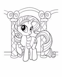 Size: 2480x3100 | Tagged: safe, rarity, pony, unicorn, g4, official, black and white, boa, closed mouth, coloring page, eyes open, feather boa, female, grayscale, hairband, high res, mare, monochrome, pillar, raised hoof, simple background, smiling, solo, white background