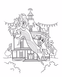 Size: 2480x3100 | Tagged: safe, cloudchaser, flitter, pegasus, pony, g4, official, banner, black and white, bunting, bush, closed mouth, coloring page, duo, duo female, female, flag, flying, grayscale, high res, mare, monochrome, open mouth, open smile, outdoors, ponyville town hall, rainbow, siblings, sisters, smiling