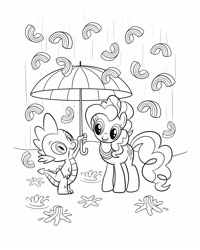 Size: 2480x3100 | Tagged: safe, pinkie pie, spike, dragon, earth pony, pony, g4, official, black and white, coloring page, duo, duo male and female, female, grayscale, high res, jewelry, male, mare, monochrome, necklace, outdoors, rain, smiling, stock vector, umbrella