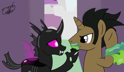 Size: 8515x4960 | Tagged: safe, artist:gabriel18017, oc, oc only, oc:stubborn brave, oc:tibia, changeling, pony, unicorn, against wall, alley, canterlot, changeling oc, female, male, provoking, purple changeling, slime
