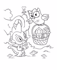 Size: 2480x3100 | Tagged: safe, owlowiscious, spike, bird, owl, g4, official, basket, beak, black and white, claw hold, coloring page, duo, duo male, flying, gem, grayscale, high res, licking, licking lips, male, monochrome, mushroom, open beak, open mouth, outdoors, pointing, simple background, slit pupils, tongue out, white background
