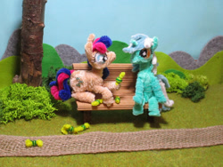 Size: 1024x769 | Tagged: safe, artist:malte279, part of a set, bon bon, lyra heartstrings, sweetie drops, earth pony, pony, unicorn, g4, bench, candy, chenille, chenille stems, chenille wire, craft, food, irl, part of a series, photo, pipe cleaner sculpture, pipe cleaners