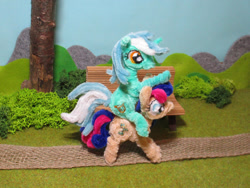 Size: 1280x961 | Tagged: safe, artist:malte279, part of a set, bon bon, lyra heartstrings, sweetie drops, earth pony, pony, unicorn, g4, bench, chenille, chenille stems, chenille wire, craft, food, grass, irl, lyra riding bon bon, outdoors, park bench, part of a series, photo, pipe cleaner sculpture, pipe cleaners, ponies riding ponies, riding, riding a pony