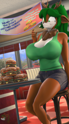 Size: 2160x3840 | Tagged: safe, artist:donglysfm, oc, oc:tea tree, deer, anthro, 3d, antlers, big breasts, breasts, bucktooth, burger, deer oc, diner, female, food, high res, indoors, milf, neck fluff, non-pony oc, revamped anthros, solo, source filmmaker, this will end in pain