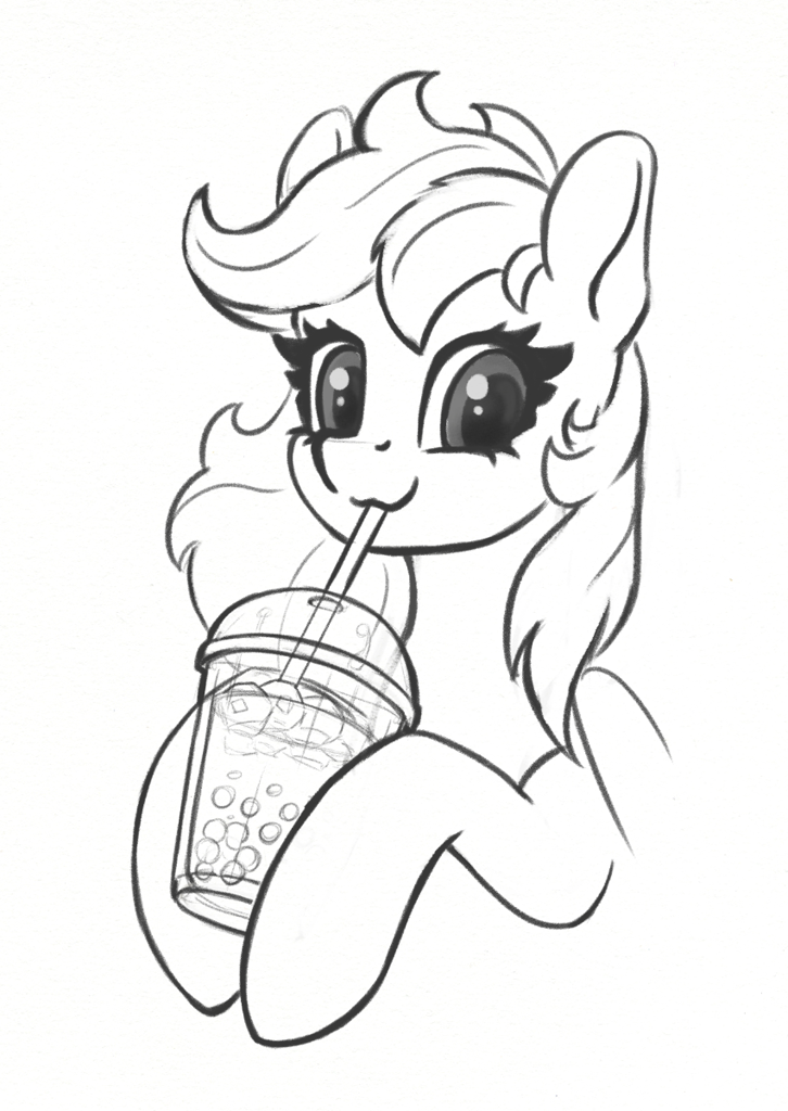 #3165488 - safe, artist:maytee, pony, black and white, bubble tea, bust ...