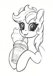 Size: 851x1200 | Tagged: safe, artist:maytee, pony, black and white, bubble tea, bust, drinking straw, grayscale, monochrome, portrait, simple background, sipping, smiling, solo, white background, ych sketch, your character here