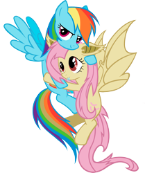 Size: 1671x2001 | Tagged: safe, artist:themomoko, fluttershy, rainbow dash, bat pony, pegasus, pony, g4, bat ponified, bat wings, female, flutterbat, lesbian, mare, race swap, ship:flutterdash, shipping, simple background, transparent background, wings