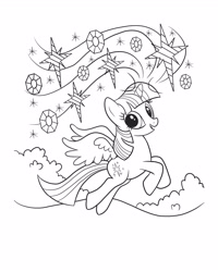 Size: 2480x3100 | Tagged: safe, twilight sparkle, alicorn, pony, g4, official, black and white, bush, coloring page, female, flying, gem, grayscale, high res, mare, monochrome, outdoors, simple background, solo, sparkles, spread wings, twilight sparkle (alicorn), white background, wings