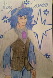 Size: 600x885 | Tagged: safe, artist:glaceonfrozen, oc, oc:king cosmos, human, celestia and luna's father, clothes, cutie mark, humanized, looking at you, male, smiling, smiling at you, solo, stars, traditional art