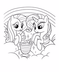 Size: 2480x3100 | Tagged: safe, fluttershy, rarity, pegasus, pony, unicorn, g4, official, black and white, cloud, cocktail umbrella, coloring page, drink, drinking, drinking straw, duo, duo female, female, grayscale, high res, mare, monochrome, rainbow, simple background, sparkles, spread wings, white background, wings