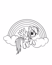 Size: 2290x2855 | Tagged: safe, rainbow dash, pegasus, pony, g4, official, black and white, cloud, coloring page, female, flying, grayscale, grin, high res, mare, monochrome, rainbow, simple background, smiling, solo, spread wings, white background, wings, wrong cutie mark