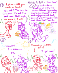 Size: 4779x6013 | Tagged: safe, artist:adorkabletwilightandfriends, oc, oc:lawrence, alicorn, earth pony, pony, comic:adorkable twilight and friends, adorkable, adorkable twilight, carrot, celery, cheese, comic, crackers, cute, date, dating, disappointed, dork, eager, female, food, glasses, glowing, glowing horn, happy, horn, ice cream, levitation, magic, magic aura, mare, melting, necktie, picnic, sitting, slice of life, sun, surprised, telekinesis, yogurt