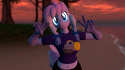 Size: 3840x2160 | Tagged: safe, artist:fluttershank, artist:spongepierre, oc, oc:heavy weather, pegasus, anthro, beach, blue eyes, clothes, cute, cutie mark on clothes, high res, midriff, peace sign, pegasus oc, pose, skirt, sunset, virtual reality, vrchat