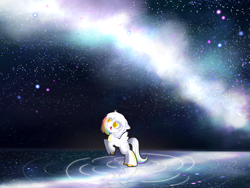 Size: 2160x1620 | Tagged: safe, artist:miwq, derpibooru exclusive, oc, oc only, oc:étoile fluide, pegasus, pony, colored, reflection, solo, starry sky, stars, water