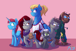 Size: 3000x2000 | Tagged: safe, artist:lordvaltasar, oc, oc only, oc:cupcake sprinkles, oc:mica chip, oc:obsidian, oc:stalwart stance, oc:thunderclap dash, diamond dog, earth pony, pegasus, pony, unicorn, fanfic:kruchość obsydianu, fanfic:obsidian: daughter of sombra, bag, clothes, ear piercing, earring, female, high res, hoodie, jewelry, male, mare, necklace, parent:king sombra, parent:maud pie, parent:pinkie pie, parent:rainbow dash, piercing, saddle bag, stallion