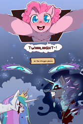 Size: 960x1440 | Tagged: safe, artist:cold-blooded-twilight, nightmare moon, pinkie pie, princess celestia, alicorn, earth pony, pony, comic:cold storm, g4, blood, comic, crown, dialogue, evil grin, fangs, female, glowing, glowing eyes, grin, hug, jewelry, lidded eyes, looking at you, mare, mood whiplash, nosebleed, open mouth, open smile, panting, regalia, smiling, speech bubble, sweat