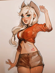 Size: 1920x2559 | Tagged: safe, artist:chloe dawn, artist:eggheadscientist, applejack, human, g4, applejack's hat, belly button, breasts, cleavage, clothes, cowboy hat, cute, cutie mark tattoo, female, flannel, freckles, front knot midriff, grin, hat, humanized, jackabetes, midriff, shorts, smiling, solo, tattoo