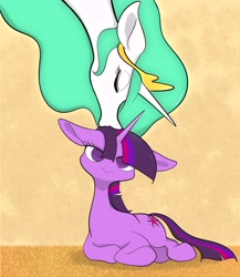 Size: 2048x2360 | Tagged: safe, artist:noupu, princess celestia, twilight sparkle, alicorn, pony, unicorn, g4, cute, duo, eyes closed, female, filly, filly twilight sparkle, floppy ears, frown, high res, kiss on the head, kissing, looking at you, lying down, mare, momlestia, ponified animal photo, prone, twiabetes, twilight sparkle is not amused, unamused, unicorn twilight, younger