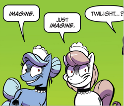 Size: 613x522 | Tagged: safe, artist:andy price, idw, azure bristle, lace doily, twilight sparkle, alicorn, earth pony, pony, chaos theory (arc), friendship is magic #48, g4, spoiler:comic, accord (arc), clothes, creepy, creepy smile, hive mind, imagine, maid, mind control, part the first: from chaos comes order, rapeface, smiling, twilight sparkle (alicorn)