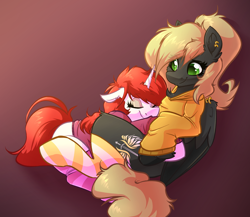 Size: 3080x2672 | Tagged: safe, artist:witchtaunter, oc, oc only, oc:elegy, oc:veen sundown, pegasus, pony, unicorn, clothes, commission, cuddling, cute, duo, duo female, ear piercing, earring, eyes closed, female, floppy ears, gradient background, happy, high res, hoodie, horn, hug, jewelry, lying down, on back, on top, pegasus oc, piercing, smiling, snuggling, socks, striped socks, sundown clan, unicorn oc, wing piercing, wings