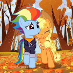 Size: 1080x1080 | Tagged: safe, artist:apple.tothecore, applejack, rainbow dash, earth pony, pegasus, pony, g4, autumn, clothes, cloud, cute, dashabetes, duo, duo female, eyes closed, female, granny smith's shawl, jackabetes, leaf, leaves, lesbian, older, older appledash, older applejack, older rainbow dash, scarf, ship:appledash, shipping, show accurate, sky, smiling, tree, walking, wholesome