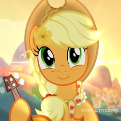 Size: 1080x1080 | Tagged: safe, artist:apple.tothecore, applejack, earth pony, pony, g4, apple, apple tree, applejack's hat, backlighting, beautiful, clothes, cowboy hat, crepuscular rays, cute, eye wrinkles, female, flower, flower in hair, food, granny smith's shawl, guitar, hat, house, jackabetes, looking at you, mare, mountain, musical instrument, older, older applejack, ponyville, raised hoof, scarf, smiling, smiling at you, solo, sunlight, sunshine, sweet dreams fuel, tree, wrinkles