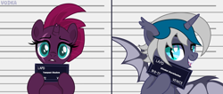 Size: 9986x4230 | Tagged: safe, artist:c1trine, artist:olivi, tempest shadow, oc, oc:elizabat stormfeather, alicorn, bat pony, bat pony alicorn, pony, unicorn, g4, absurd resolution, alicorn oc, barbie, barbie (film), barbie mugshot meme, base used, bat pony oc, bat wings, broken horn, canon x oc, commission, duo, eye scar, facial scar, female, gritted teeth, horn, lesbian, mare, meme, mugshot, open mouth, scar, shipping, stormshadow, teeth, wings, ych result