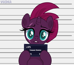 Size: 4813x4230 | Tagged: safe, artist:c1trine, artist:olivi, derpibooru exclusive, tempest shadow, pony, unicorn, g4, absurd resolution, barbie, barbie (film), barbie mugshot meme, base used, broken horn, commission, eyeshadow, female, gritted teeth, horn, makeup, mare, meme, mugshot, raised hoof, solo, teeth, ych result