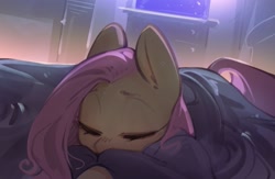 Size: 2255x1468 | Tagged: safe, artist:mirroredsea, fluttershy, pegasus, pony, g4, bed, cute, eyes closed, female, in bed, mare, shyabetes, sleeping, solo, under the covers