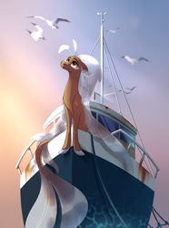 Size: 1968x2652 | Tagged: safe, artist:28gooddays, oc, oc only, oc:flowing sands, bird, merpony, seagull, seapony (g4), boat, crepuscular rays, dorsal fin, ear piercing, earring, fin, fin wings, fins, fish tail, flowing mane, flowing tail, jewelry, looking up, ocean, piercing, scales, ship, sunlight, tail, water, wings