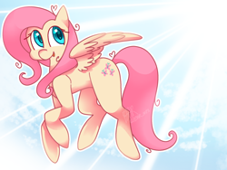 Size: 2048x1536 | Tagged: safe, artist:b3ar_mp3, fluttershy, pegasus, pony, g4, crepuscular rays, female, looking sideways, mare, open mouth, open smile, outline, sky background, smiling, solo, spread wings, sunlight, white outline, wings