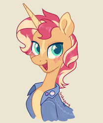 Size: 1670x2000 | Tagged: safe, artist:bishopony, sunset shimmer, pony, unicorn, g4, alternate design, bisexual, bisexual pride flag, blushing, clothes, coat markings, colored pupils, denim, denim jacket, ear markings, facial markings, jacket, looking at you, male, not r63, pale belly, pride, pride flag, simple background, smiling, smiling at you, solo, stallion, star (coat marking), stubble, trans male, transgender, transgender pride flag