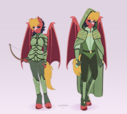Size: 2935x2647 | Tagged: safe, artist:enderbee, oc, oc only, oc:sly sunder, oc:stygian spell, bat pony, anthro, unguligrade anthro, armor, bow (weapon), cape, clothes, duo, fangs, fantasy, female, femboy, glasses, high res, hood, male, mare, potion, siblings, stallion, twins, unshorn fetlocks, weapon, wings