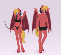 Size: 2935x2647 | Tagged: safe, alternate version, artist:enderbee, oc, oc only, oc:sly sunder, oc:stygian spell, bat pony, anthro, unguligrade anthro, belly button, black panties, bow (weapon), bra, breasts, brother and sister, clothes, duo, erect nipples, fangs, fantasy, female, femboy, glasses, high res, male, male nipples, mare, nipple outline, nipples, panties, potion, siblings, stallion, twins, underwear, unshorn fetlocks, weapon, wings