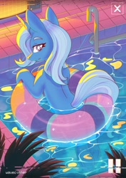 Size: 1448x2048 | Tagged: safe, artist:wavecipher, trixie, pony, unicorn, g4, back, female, inner tube, looking at you, looking back, looking back at you, mare, pool toy, solo, swimming, swimming pool, underhoof, water