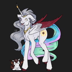 Size: 624x626 | Tagged: safe, artist:louarthur8, princess celestia, oc, oc only, alicorn, hybrid, pony, g4, black background, colored wings, crossover, crossover fusion, dark background, edalyn clawthorne, female, fusion, fusion:edalyn clawthorne, fusion:princess celestia, heterochromia, hybrid fusion, mare, owlbert, palisman, peytral, ponified, raised hoof, signature, simple background, smiling, the owl house, two toned wings, wings, witch, witch pony