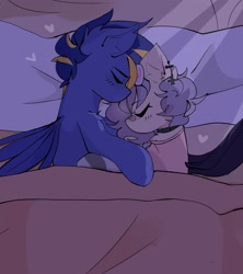 Size: 2346x2646 | Tagged: artist needed, safe, oc, oc only, oc:raawrs, oc:shining trophy, earth pony, pegasus, pony, bandaid, bandaid on nose, bed, bedroom, couple, duo, ear piercing, earring, eyes closed, female, heart, high res, hug, in bed, jewelry, male, mare, night, piercing, pillow, sleeping, sleeping together, stallion