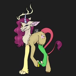 Size: 1249x1252 | Tagged: safe, artist:louarthur8, discord, fluttershy, oc, oc only, draconequus, hybrid, pony, g4, black background, dark background, fusion, fusion:discord, fusion:discoshy, fusion:fluttershy, grin, intersex, nonbinary, signature, simple background, smiling, solo