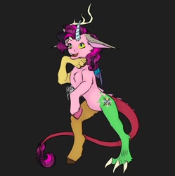 Size: 1249x1252 | Tagged: safe, artist:louarthur8, discord, pinkie pie, oc, oc only, draconequus, earth pony, hybrid, pony, g4, black background, dark background, fusion, fusion:discopie, fusion:discord, fusion:pinkie pie, intersex, nonbinary, signature, simple background, solo, thinking