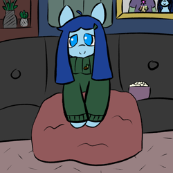 Size: 1020x1020 | Tagged: safe, artist:castafae, oc, oc:babbling brook, earth pony, pony, blanket, clothes, couch, female, food, popcorn, solo, sweater