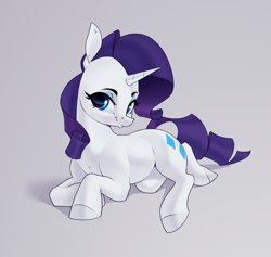 Size: 2280x2160 | Tagged: safe, artist:aquaticvibes, rarity, pony, unicorn, g4, female, gray background, high res, lying down, mare, prone, simple background, smiling, solo