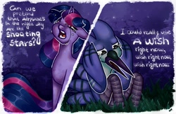 Size: 918x600 | Tagged: safe, artist:banananectarine, twilight sparkle, ambiguous race, bird, pony, anthro, g4, aeroplanes and meteor showers, airplanes (song), crossover, crossover shipping, crying, duo, female, male, mordecai, mordetwi, night, regular show, shipping, song reference, straight