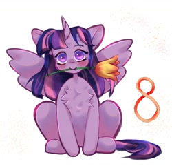 Size: 1280x1251 | Tagged: safe, artist:banananectarine, twilight sparkle, alicorn, pony, g4, chest fluff, cute, female, flower, flower in mouth, mare, mouth hold, sitting, solo, spread wings, twiabetes, twilight sparkle (alicorn), wings