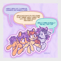 Size: 2380x2380 | Tagged: safe, artist:pastacrylic, apple bloom, scootaloo, sweetie belle, earth pony, pegasus, pony, unicorn, g4, cutie mark crusaders, dialogue, high res, implied lesbian, implied murder, mood whiplash, one of these things is not like the others, speech bubble, trio